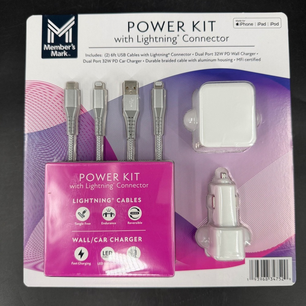 Member's Mark Power Kit 32W PD Wall Car Charger 2 6ft Braided Lightning Cables